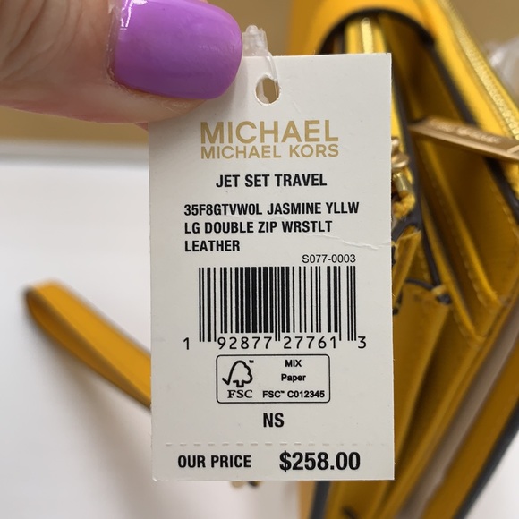 MICHAEL KORS LARGE DOUBLE ZIP WRISTLET WALLET JASMINE YELLOW COLOR - Picture 13 of 13